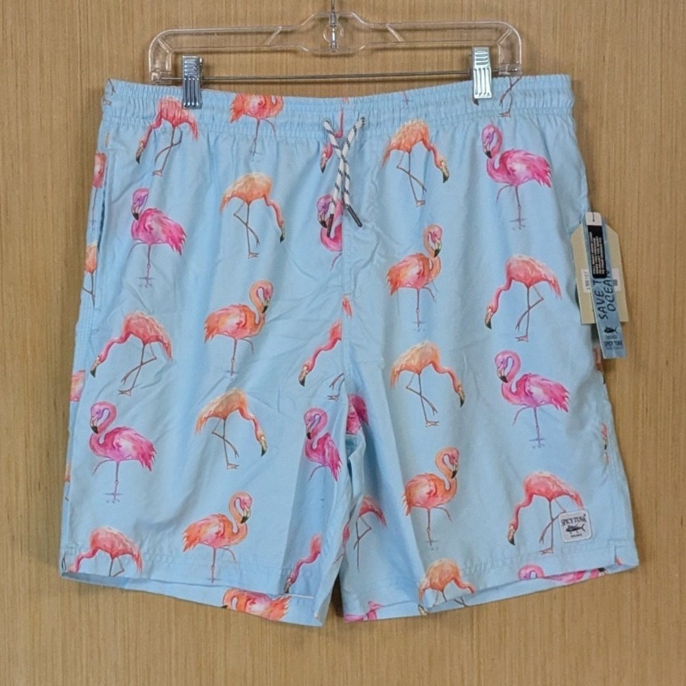 Spicy Tuna Mens‎ XL Swim Trunks Flamingo Light Blue Drawstring Lined Beach New